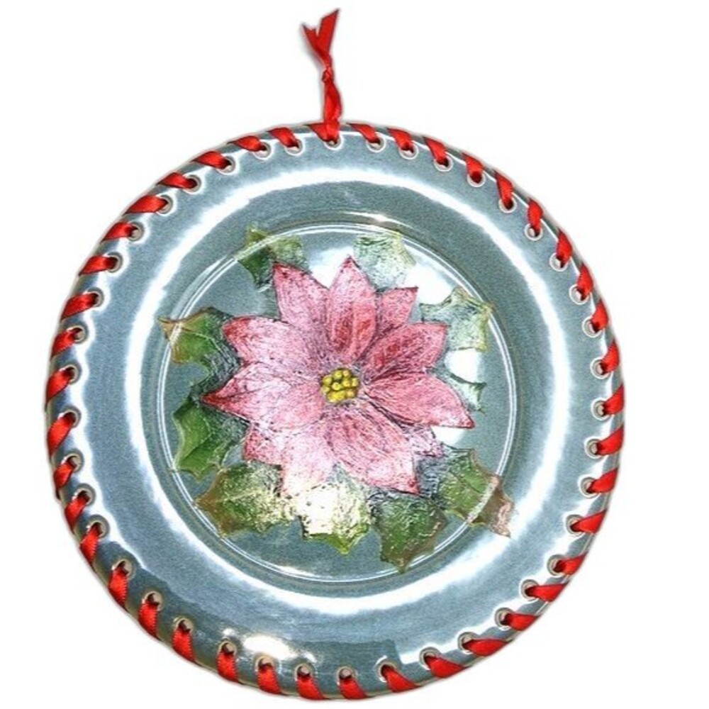 Original Hand Painted‎ Green Poinsettia Ribbon Laced Decorative Christmas Plate